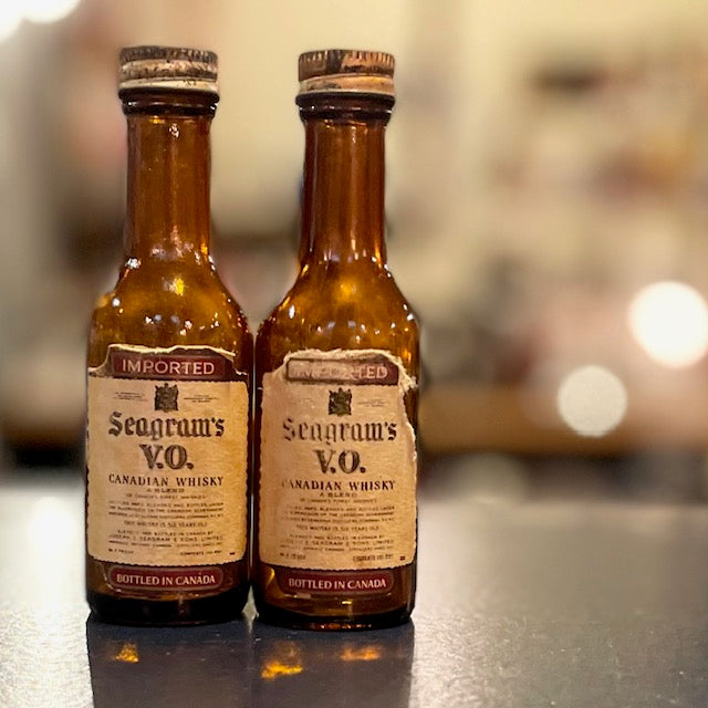 Vintage Whisky Empty Mini Bottles Set of 2 "Seagram's V.O."